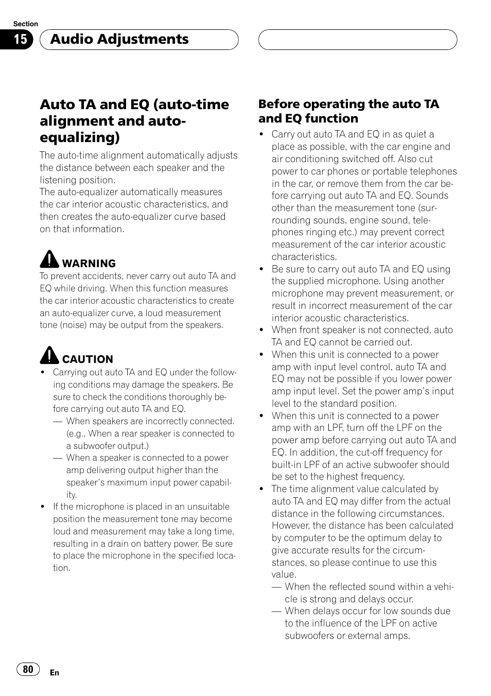 Auto ta and eq (auto-time alignment and, Auto-equalizing) 80, Auto ta and eq (auto-time alignment and auto | Equalizing), Audio adjustments, Before operating the auto ta and eq function | Pioneer AVH-P7500DVD User Manual | Page 80 / 112