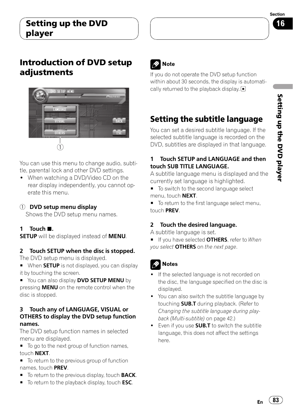 Introduction of dvd setup adjustments, Setting the subtitle language, Setting up the dvd player | Pioneer AVH-P7500DVD User Manual | Page 83 / 112