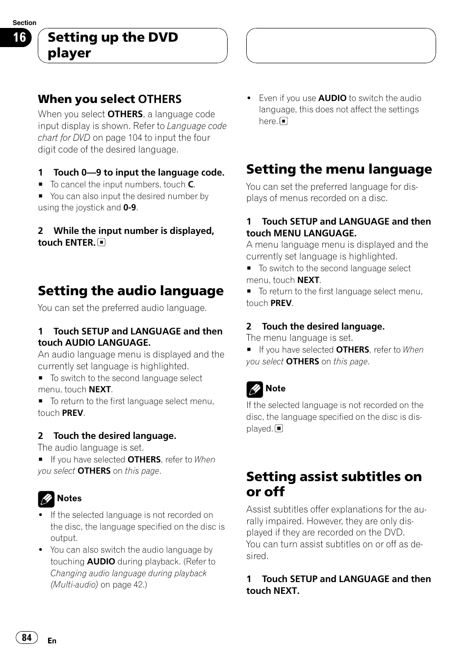 Setting the audio language, Setting the menu language, Setting assist subtitles on or off | Setting up the dvd player | Pioneer AVH-P7500DVD User Manual | Page 84 / 112