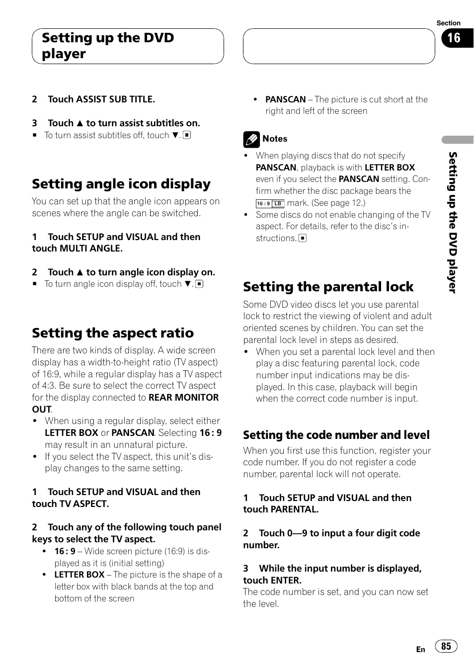 Setting angle icon display on, Setting angle icon display, Setting the aspect ratio | Setting the parentallock, Setting up the dvd player, Setting the code number and level | Pioneer AVH-P7500DVD User Manual | Page 85 / 112