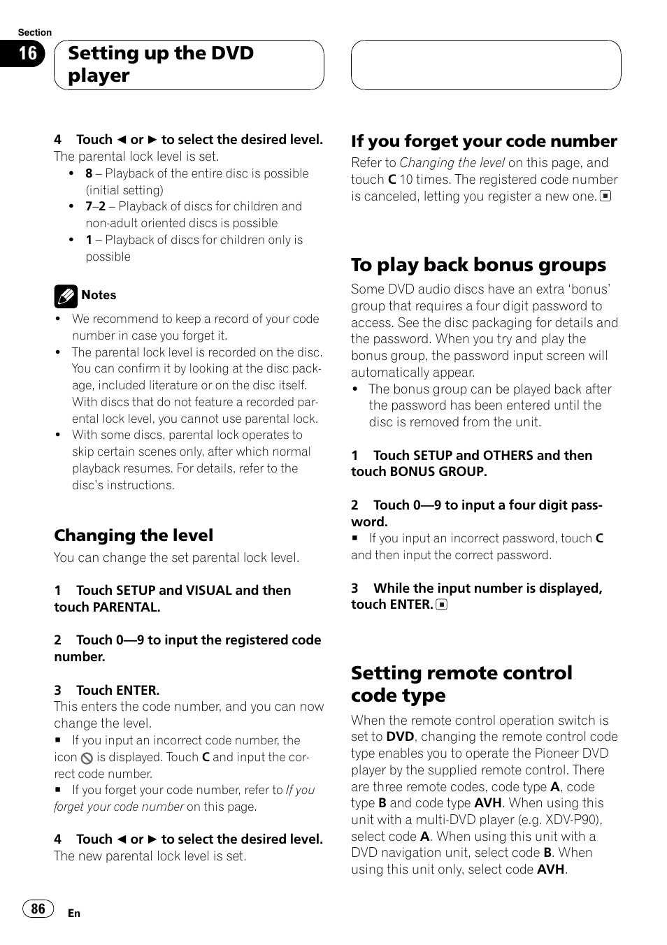 Setting remote, Setting remote control code type, Setting up the dvd player | Changing the level, If you forget your code number | Pioneer AVH-P7500DVD User Manual | Page 86 / 112
