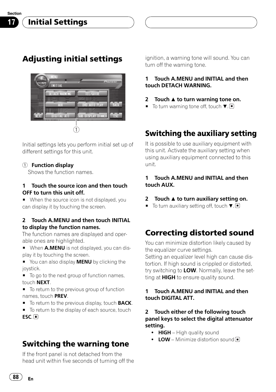 Adjusting initialsettings, Switching the warning tone, Switching the auxiliary setting | Correcting distorted sound, Initialsettings | Pioneer AVH-P7500DVD User Manual | Page 88 / 112