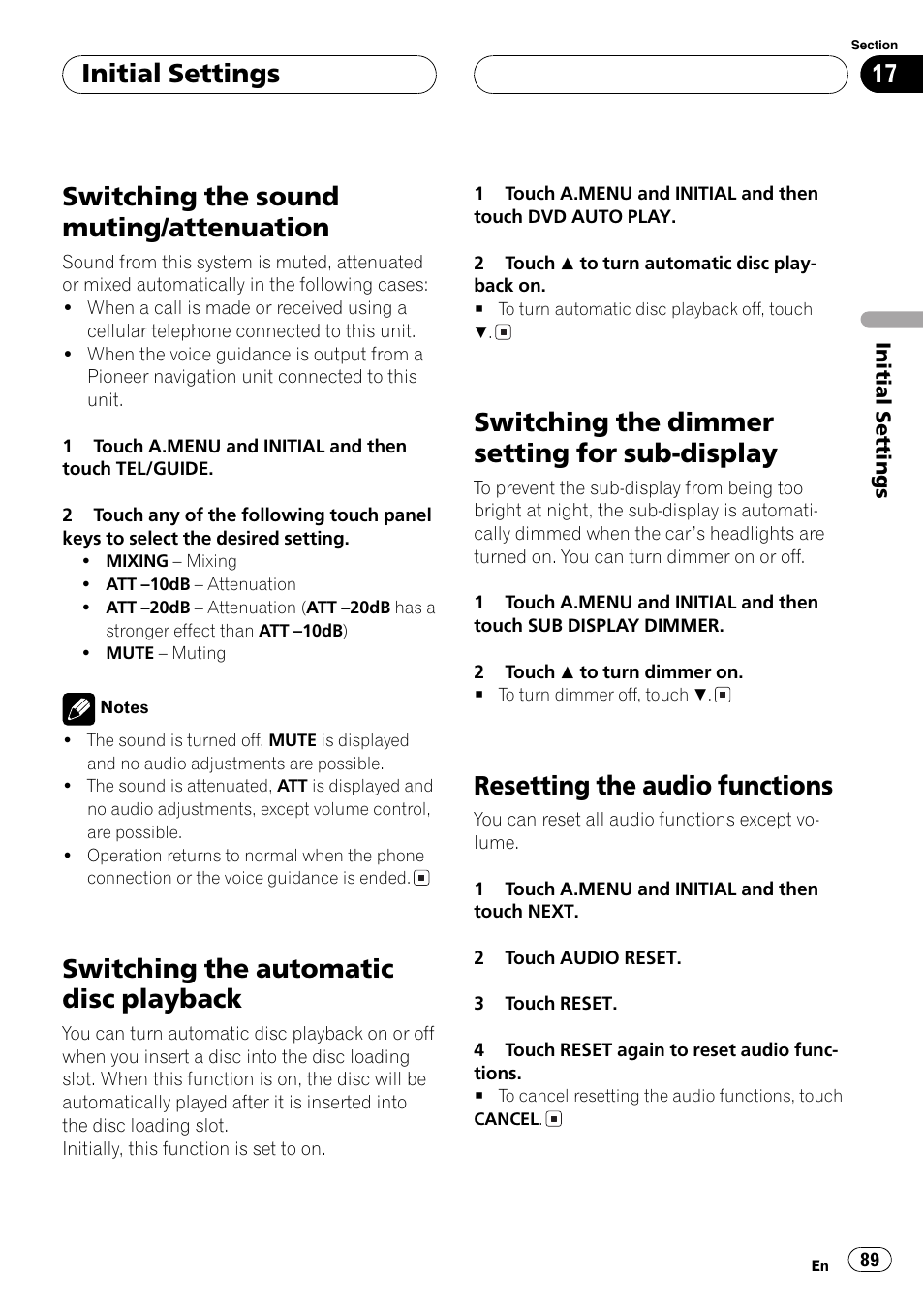 Display 89, Resetting the audio functions 89, Switching | Switching the sound muting/attenuation, Switching the automatic disc playback, Switching the dimmer setting for sub-display, Resetting the audio functions, Initialsettings | Pioneer AVH-P7500DVD User Manual | Page 89 / 112