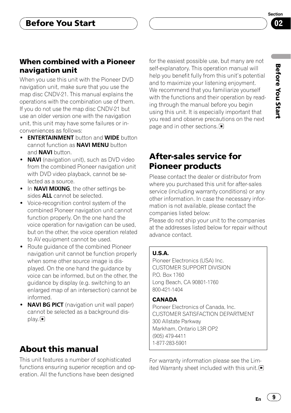 About this manual, After-sales service for pioneer products, Before you start | Pioneer AVH-P7500DVD User Manual | Page 9 / 112