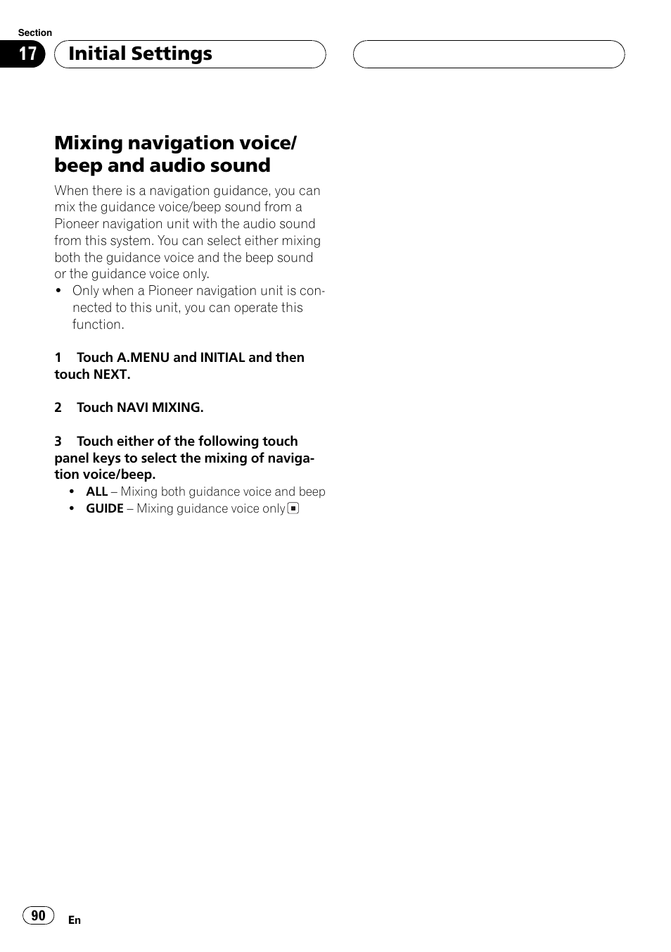 Mixing navigation voice/beep and audio, Sound 90, Mixing navigation voice/ beep and audio sound | Initialsettings | Pioneer AVH-P7500DVD User Manual | Page 90 / 112