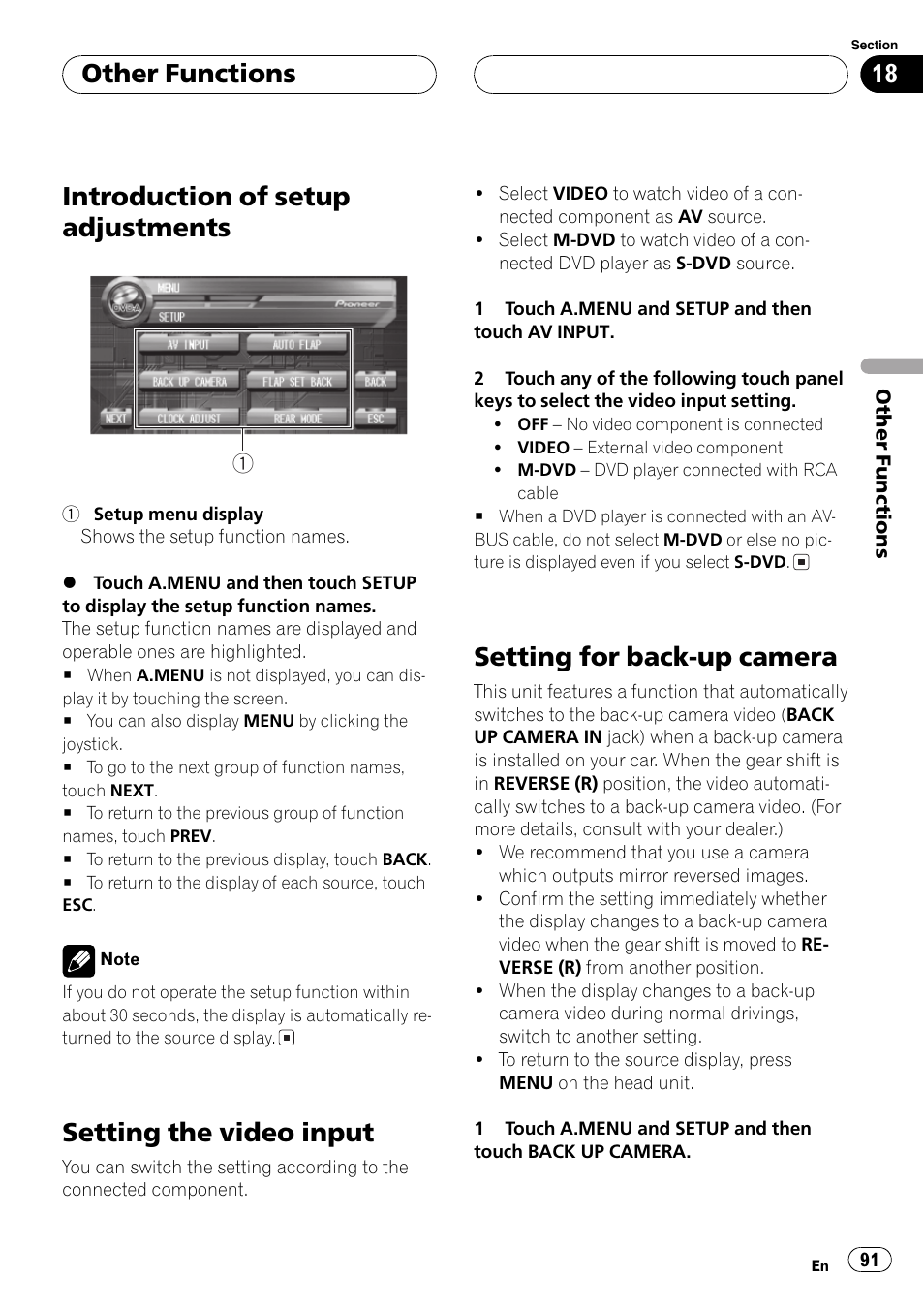 Setting for back-up camera 91, Introduction of setup adjustments, Setting the video input | Setting for back-up camera, Other functions | Pioneer AVH-P7500DVD User Manual | Page 91 / 112