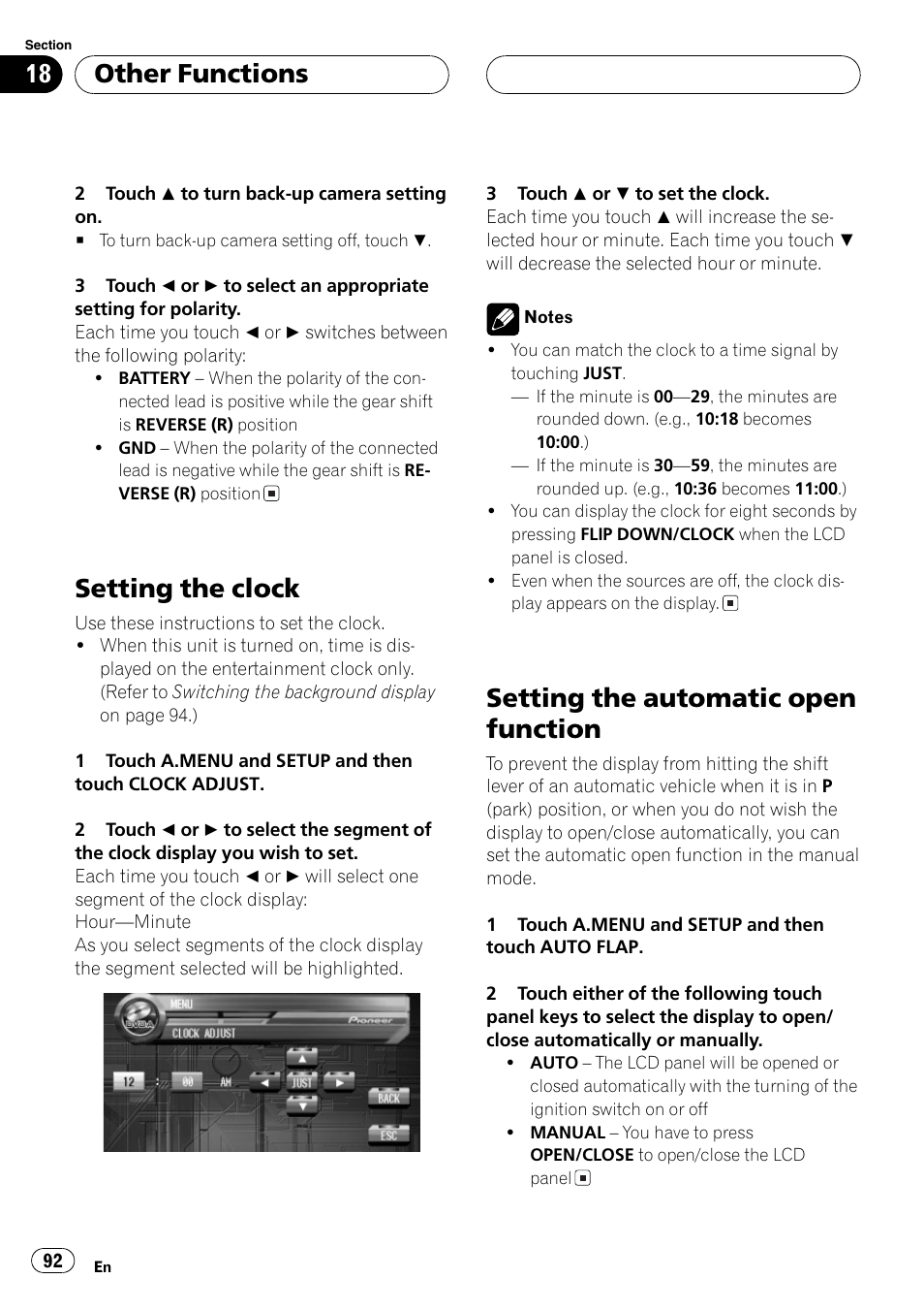 Setting the clock, Setting the automatic open function, Other functions | Pioneer AVH-P7500DVD User Manual | Page 92 / 112