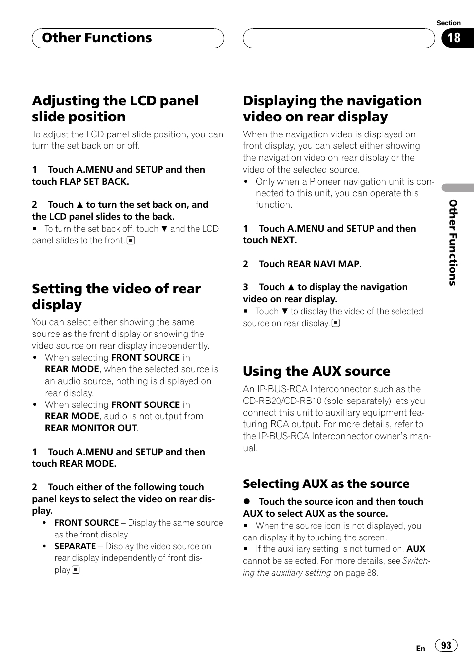 Display 93, Using the aux source 93, Adjusting the lcd panel slide position | Setting the video of rear display, Displaying the navigation video on rear display, Using the aux source, Other functions | Pioneer AVH-P7500DVD User Manual | Page 93 / 112