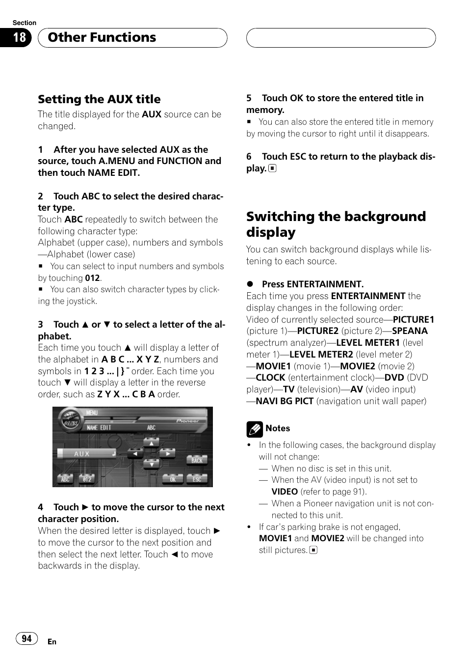 Switching the background display 94, Switching the background display, Other functions | Setting the aux title | Pioneer AVH-P7500DVD User Manual | Page 94 / 112