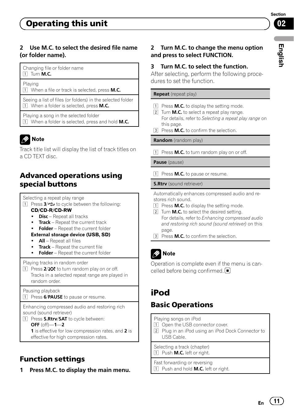 Advanced operations using special, Buttons, Function settings 11 | Ipod, Basic operations 11, 02 operating this unit, Advanced operations using special buttons, Function settings, Basic operations, English | Pioneer SUPERTUNERD DEH-P5200HD User Manual | Page 11 / 88