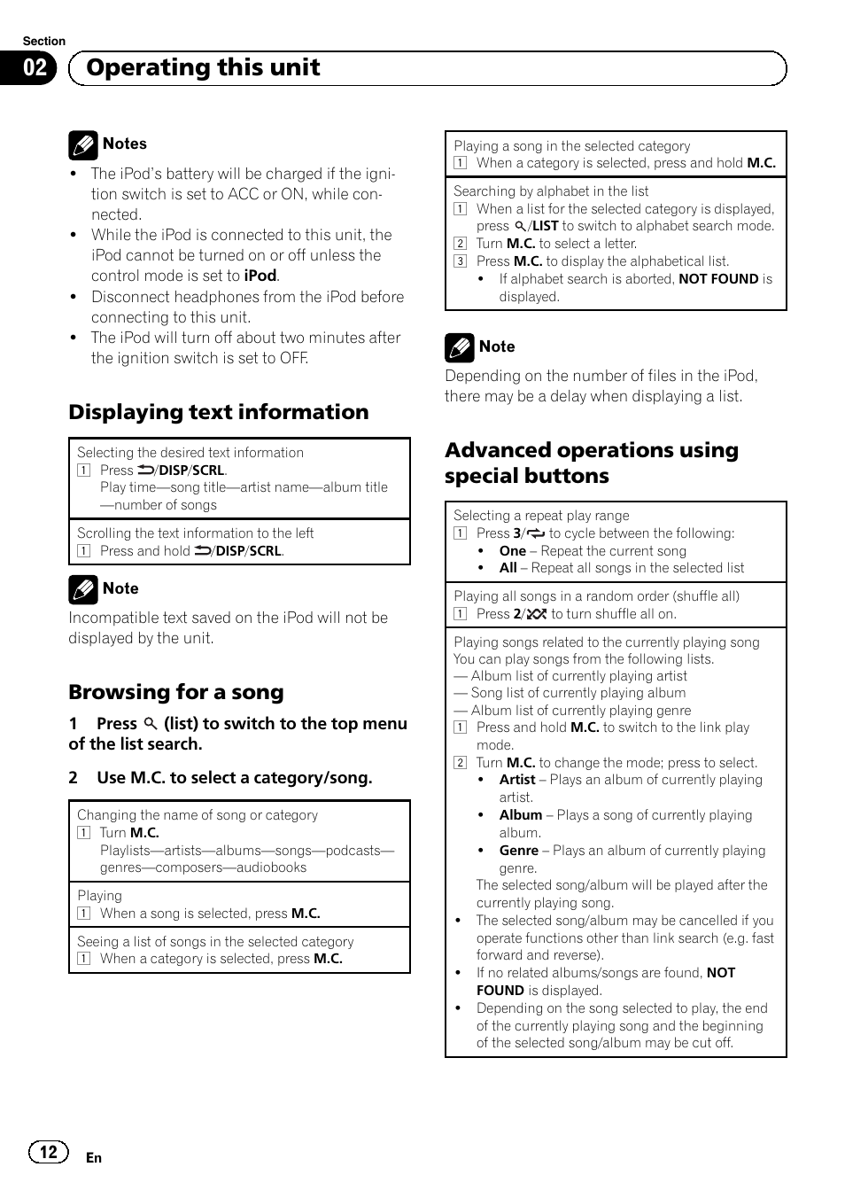 Displaying text information 12, Browsing for a song 12, Advanced operations using special | Buttons, 02 operating this unit, Displaying text information, Browsing for a song, Advanced operations using special buttons | Pioneer SUPERTUNERD DEH-P5200HD User Manual | Page 12 / 88