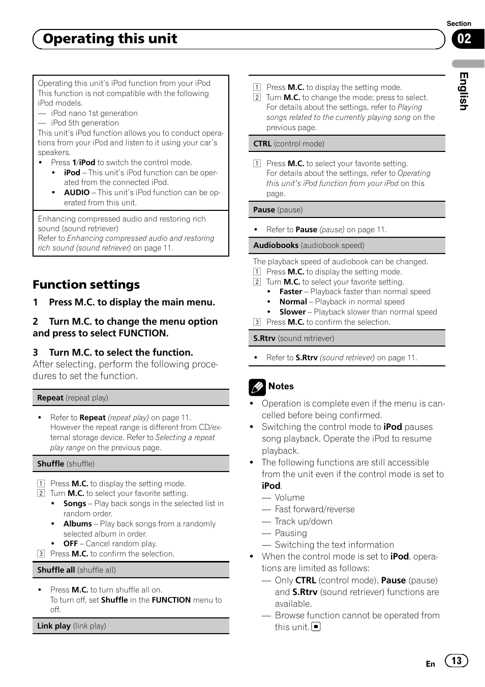 Function settings 13, 02 operating this unit, Function settings | English | Pioneer SUPERTUNERD DEH-P5200HD User Manual | Page 13 / 88