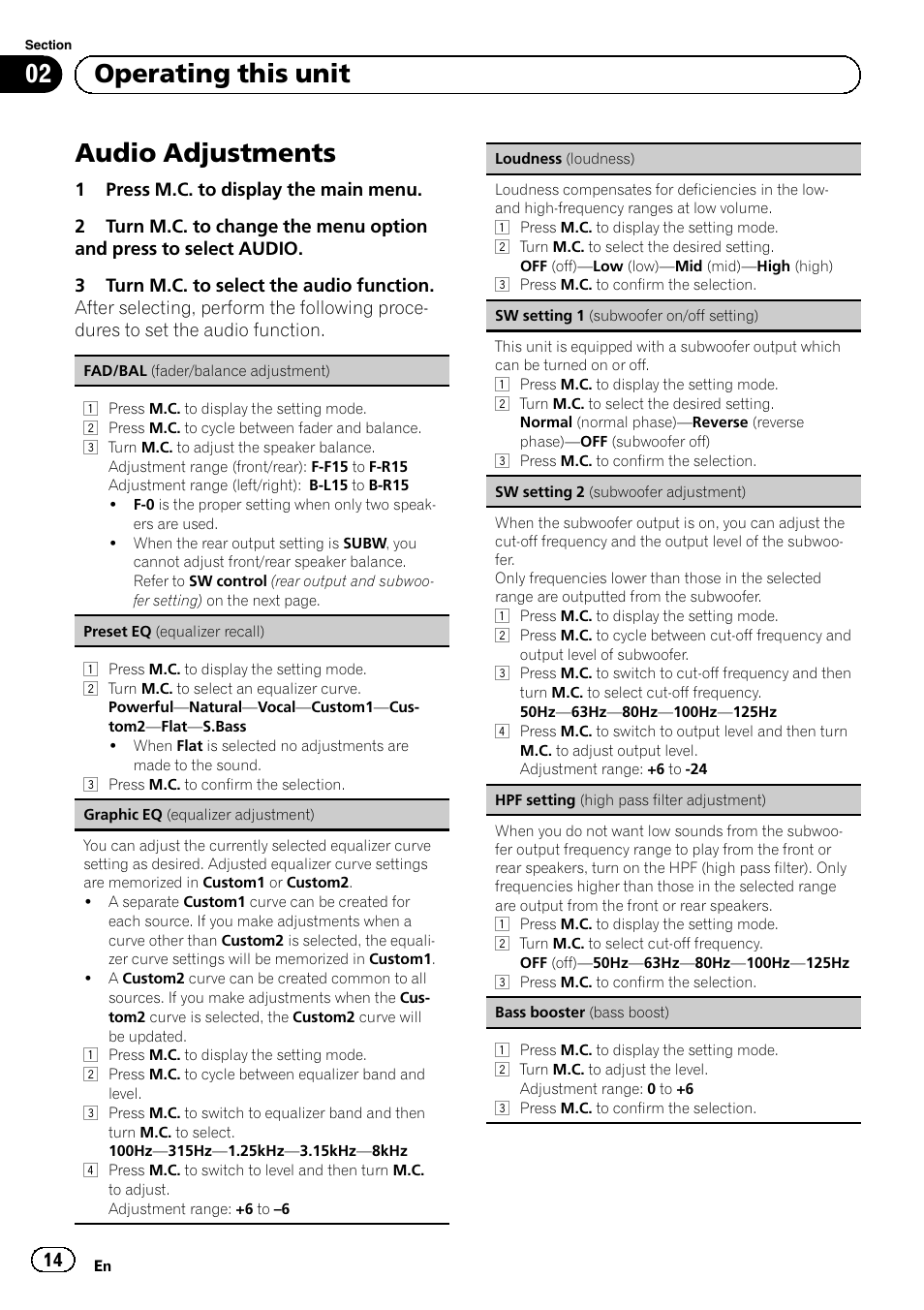 Audio adjustments, 02 operating this unit | Pioneer SUPERTUNERD DEH-P5200HD User Manual | Page 14 / 88