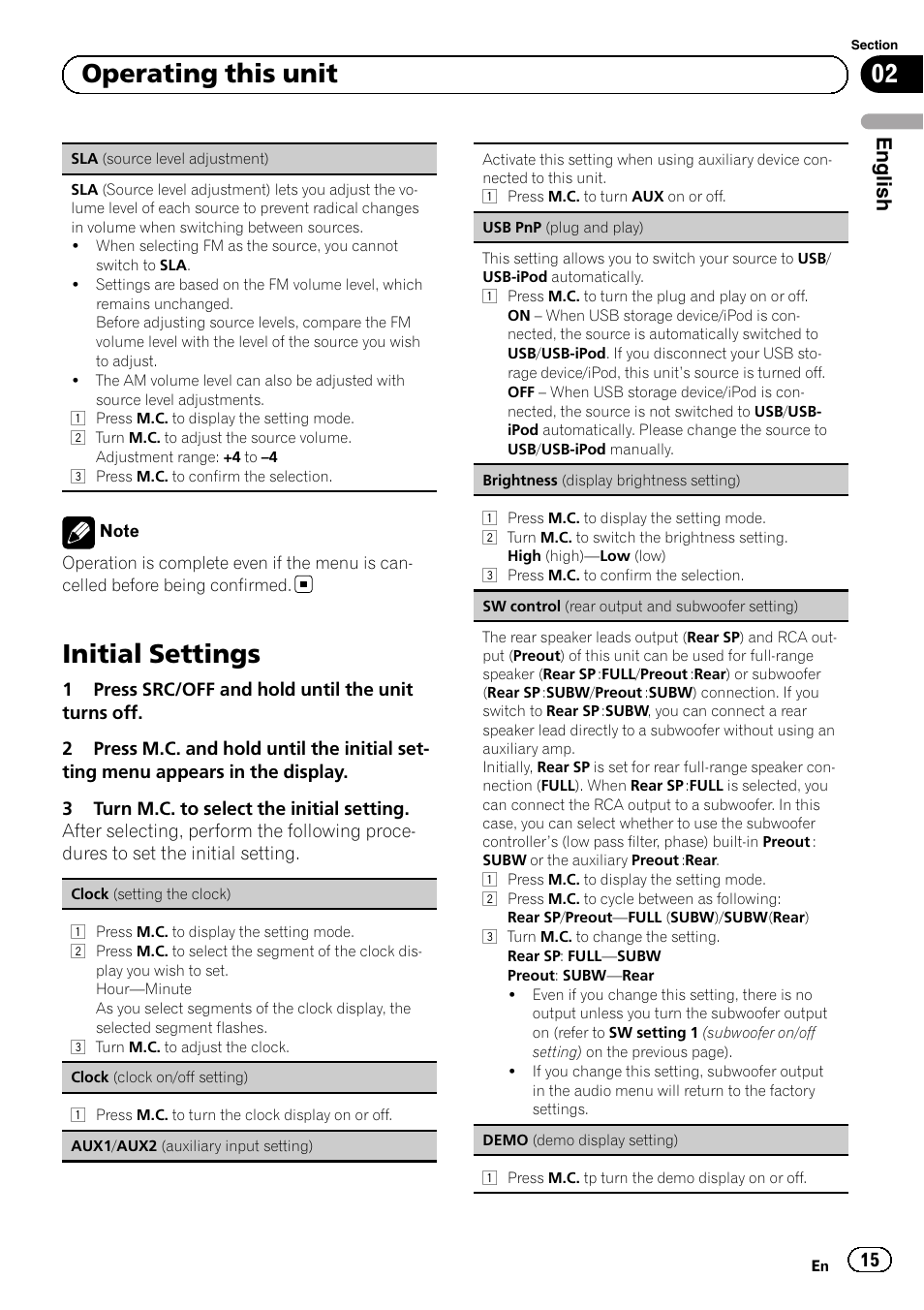 Initial settings, 02 operating this unit, English | Pioneer SUPERTUNERD DEH-P5200HD User Manual | Page 15 / 88