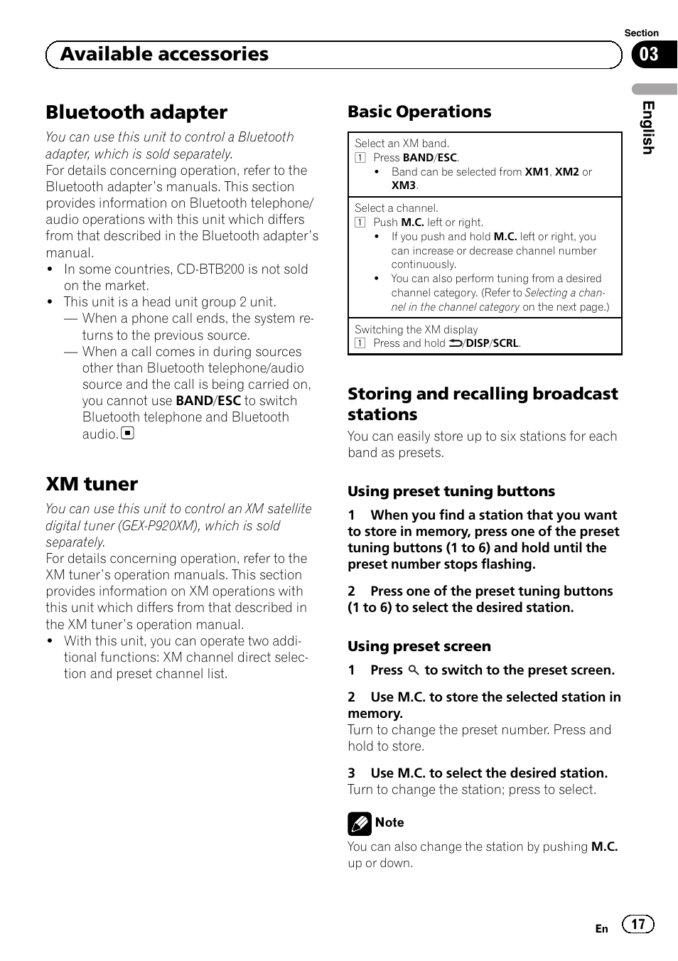 Available accessories bluetooth adapter, Xm tuner, Basic operations 17 | Storing and recalling broadcast, Stations, Bluetooth adapter, 03 available accessories, Basic operations, Storing and recalling broadcast stations | Pioneer SUPERTUNERD DEH-P5200HD User Manual | Page 17 / 88