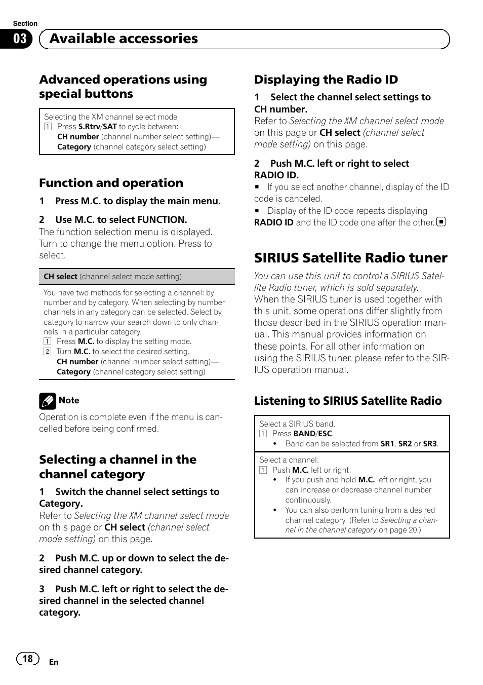 Advanced operations using special, Buttons, Function and operation 18 | Selecting a channel in the channel, Category, Displaying the radio id 18, Sirius satellite radio tuner, Listening to sirius satellite radio 18, 03 available accessories, Advanced operations using special buttons | Pioneer SUPERTUNERD DEH-P5200HD User Manual | Page 18 / 88