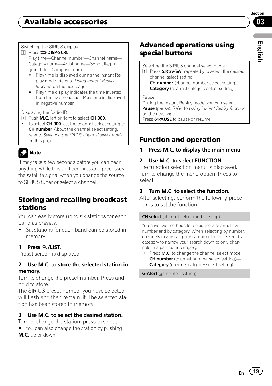 Storing and recalling broadcast, Stations, Advanced operations using special | Buttons, Function and operation 19, 03 available accessories, Storing and recalling broadcast stations, Advanced operations using special buttons, Function and operation, English | Pioneer SUPERTUNERD DEH-P5200HD User Manual | Page 19 / 88