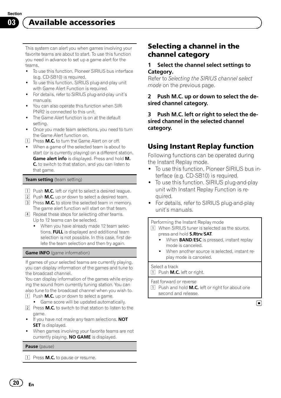Selecting a channel in the channel, Category, Using instant replay function 20 | 03 available accessories, Selecting a channel in the channel category, Using instant replay function | Pioneer SUPERTUNERD DEH-P5200HD User Manual | Page 20 / 88