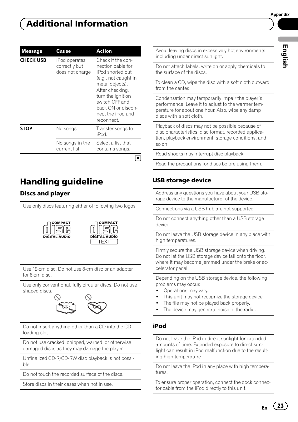 Handling guideline, Additional information, English | Pioneer SUPERTUNERD DEH-P5200HD User Manual | Page 23 / 88