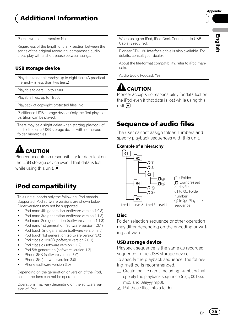Ipod compatibility, Sequence of audio files, Additional information | English, Caution | Pioneer SUPERTUNERD DEH-P5200HD User Manual | Page 25 / 88