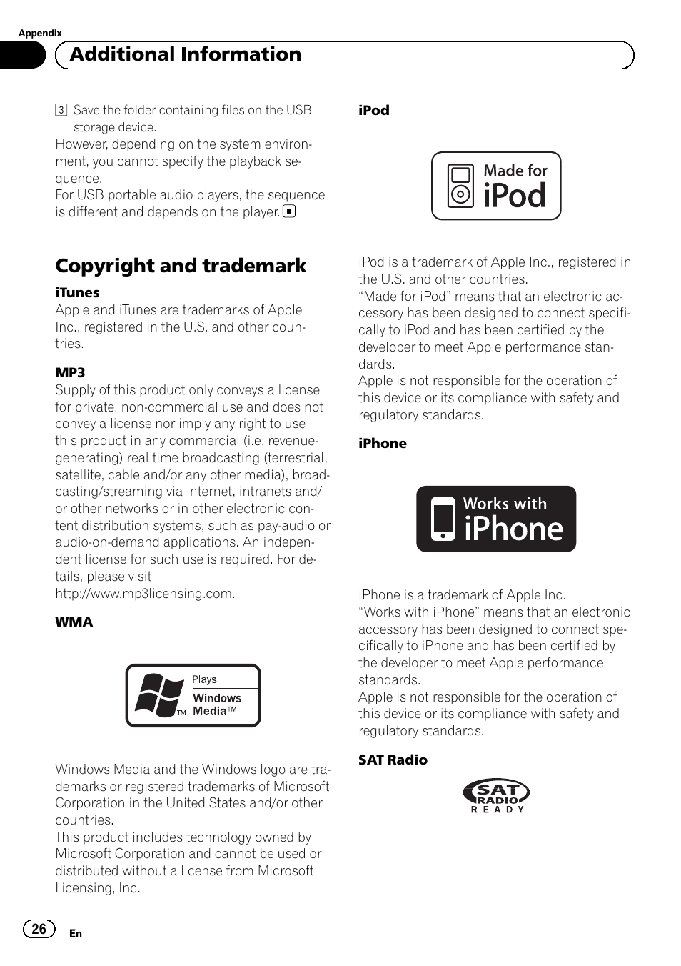 Copyright and trademark, Additional information | Pioneer SUPERTUNERD DEH-P5200HD User Manual | Page 26 / 88