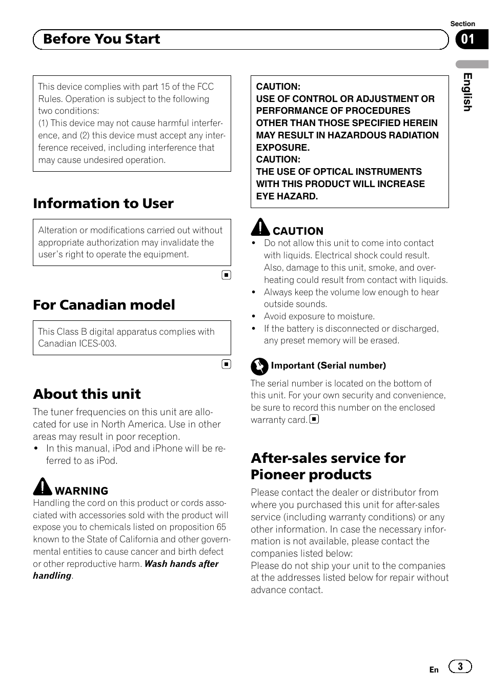 Before you start, Information to user, For canadian model | About this unit, After-sales service for pioneer products, 01 before you start | Pioneer SUPERTUNERD DEH-P5200HD User Manual | Page 3 / 88
