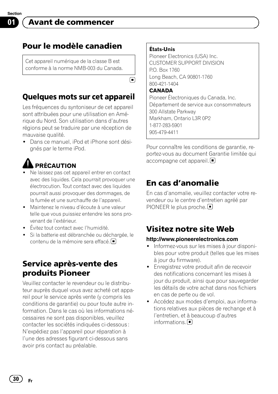 Avant de commencer, Pour le modèle canadien, Quelques mots sur cet appareil | Service après-vente des produits pioneer, En cas d, Anomalie 30, Visitez notre site web, En cas d ’anomalie, 01 avant de commencer | Pioneer SUPERTUNERD DEH-P5200HD User Manual | Page 30 / 88