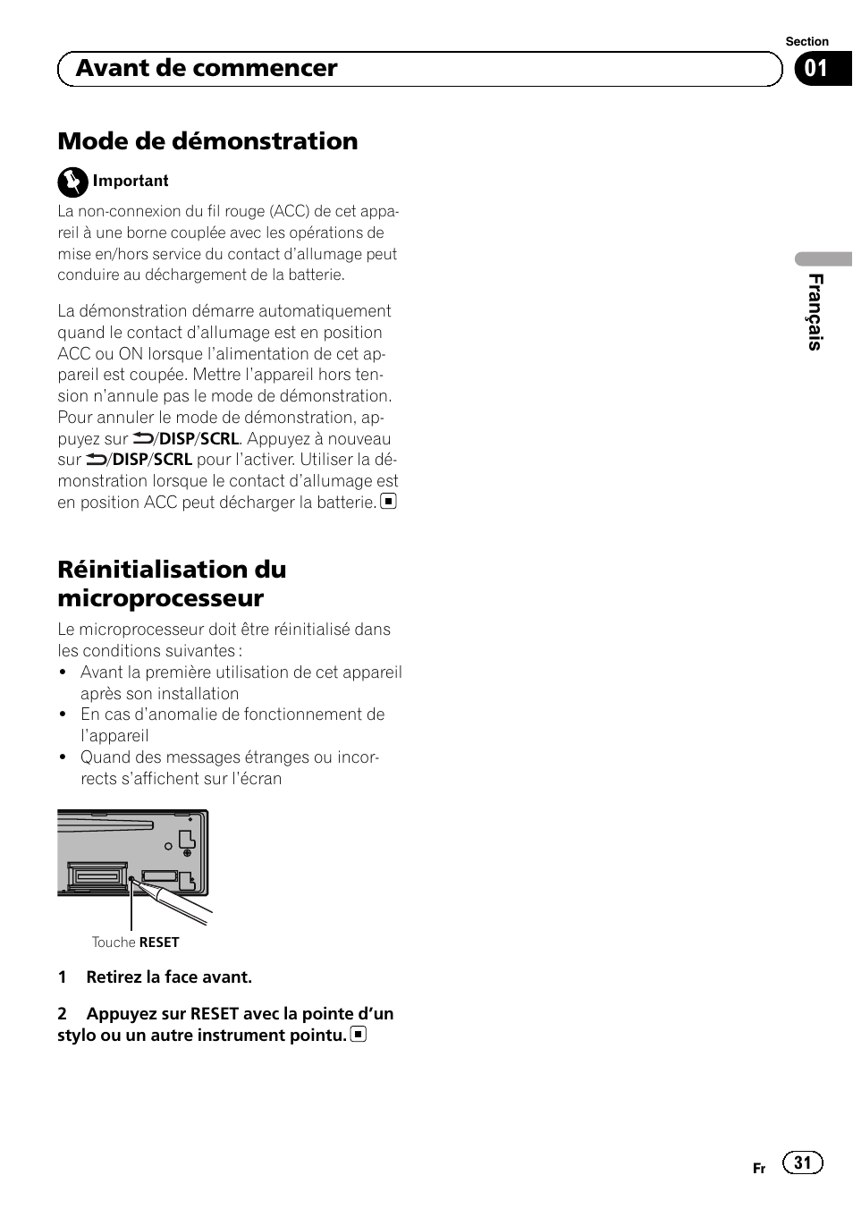 Mode de démonstration, Réinitialisation du microprocesseur, 01 avant de commencer | Pioneer SUPERTUNERD DEH-P5200HD User Manual | Page 31 / 88