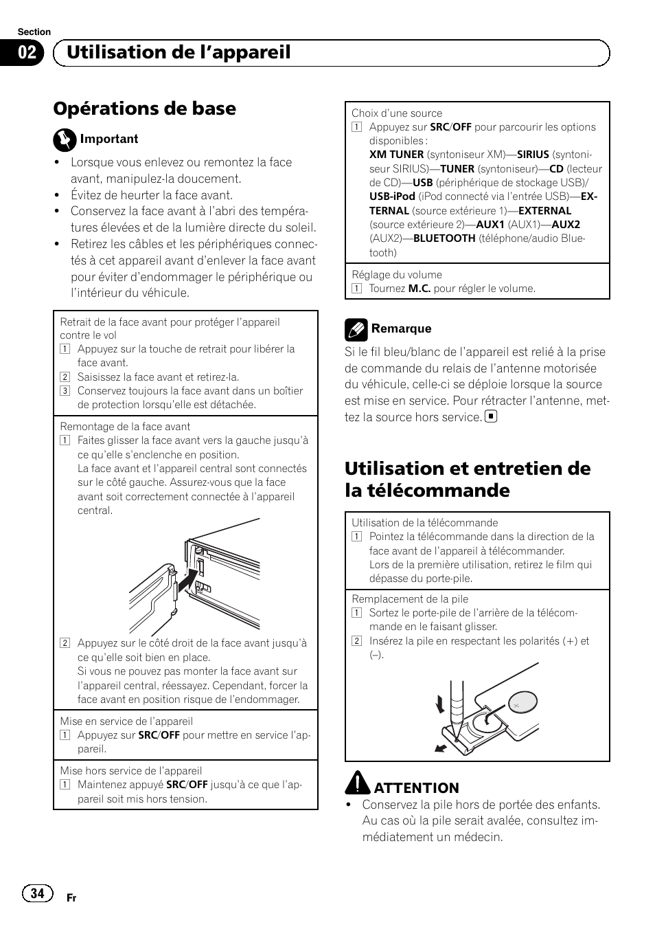 Opérations de base, Utilisation et entretien de la, Télécommande | Utilisation et entretien de la télécommande, 02 utilisation de l ’appareil, Attention | Pioneer SUPERTUNERD DEH-P5200HD User Manual | Page 34 / 88