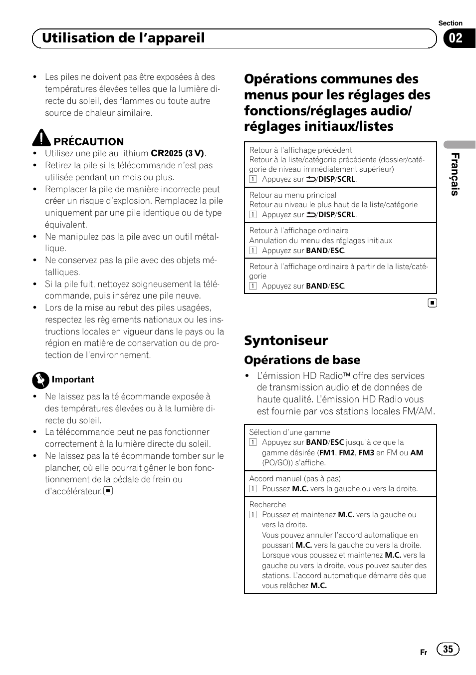 Opérations communes des menus pour les, Syntoniseur, Opérations de base 35 | 02 utilisation de l ’appareil, Opérations de base, Français | Pioneer SUPERTUNERD DEH-P5200HD User Manual | Page 35 / 88