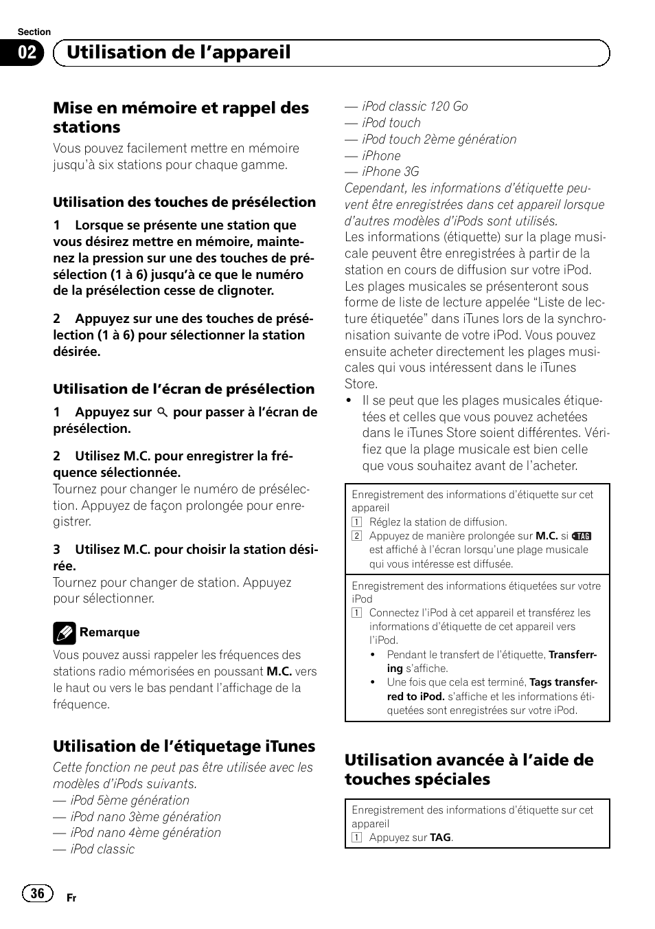 Mise en mémoire et rappel des, Stations, Utilisation de l’étiquetage itunes 36 | Utilisation avancée à l’aide de touches, Spéciales, 02 utilisation de l ’appareil, Mise en mémoire et rappel des stations, Utilisation de l ’étiquetage itunes, Utilisation avancée à l ’aide de touches spéciales | Pioneer SUPERTUNERD DEH-P5200HD User Manual | Page 36 / 88