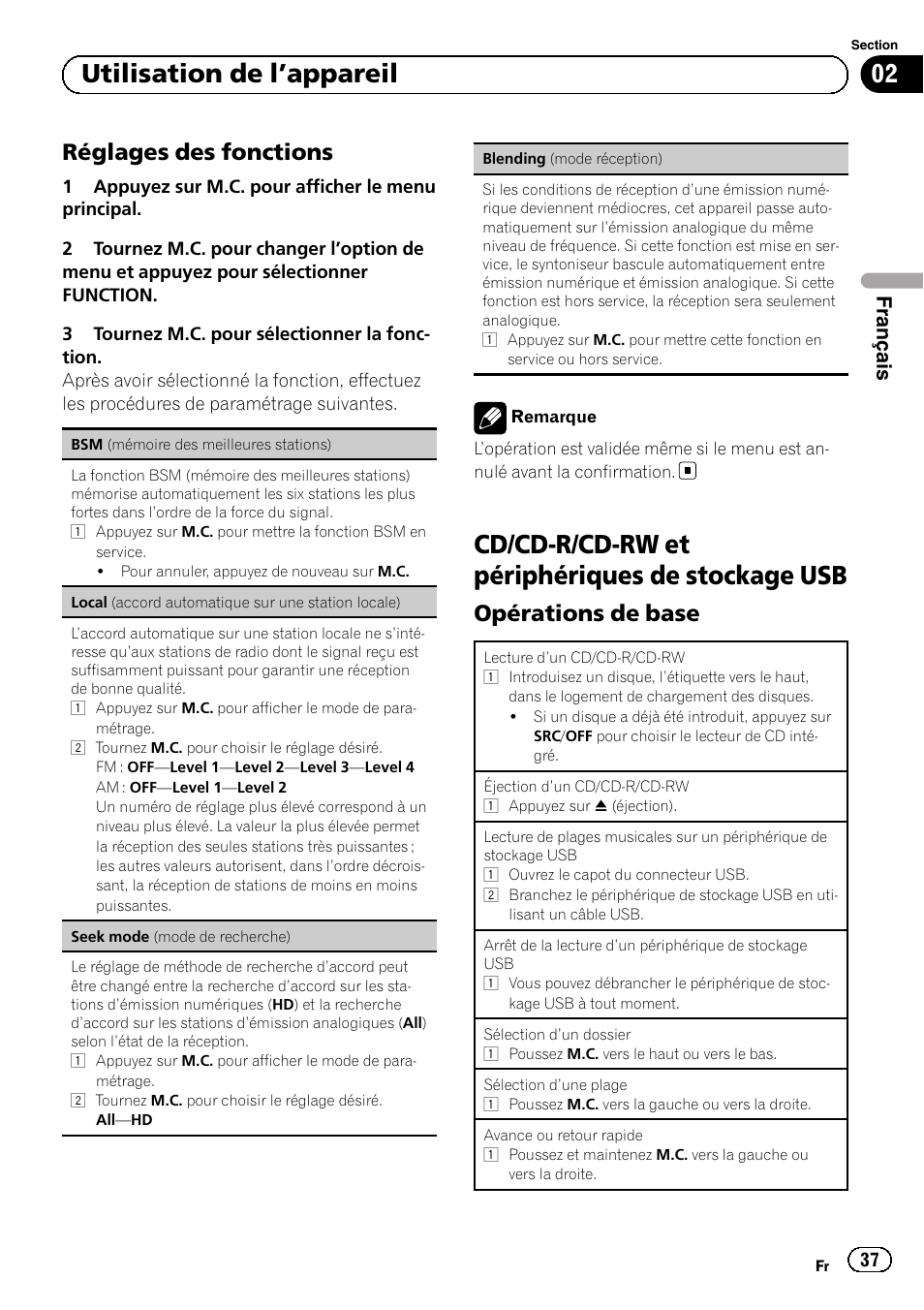 Réglages des fonctions 37, Cd/cd-r/cd-rw et périphériques de, Stockage usb | Opérations de base 37, Cd/cd-r/cd-rw et périphériques de stockage usb, 02 utilisation de l ’appareil, Réglages des fonctions, Opérations de base, Français | Pioneer SUPERTUNERD DEH-P5200HD User Manual | Page 37 / 88