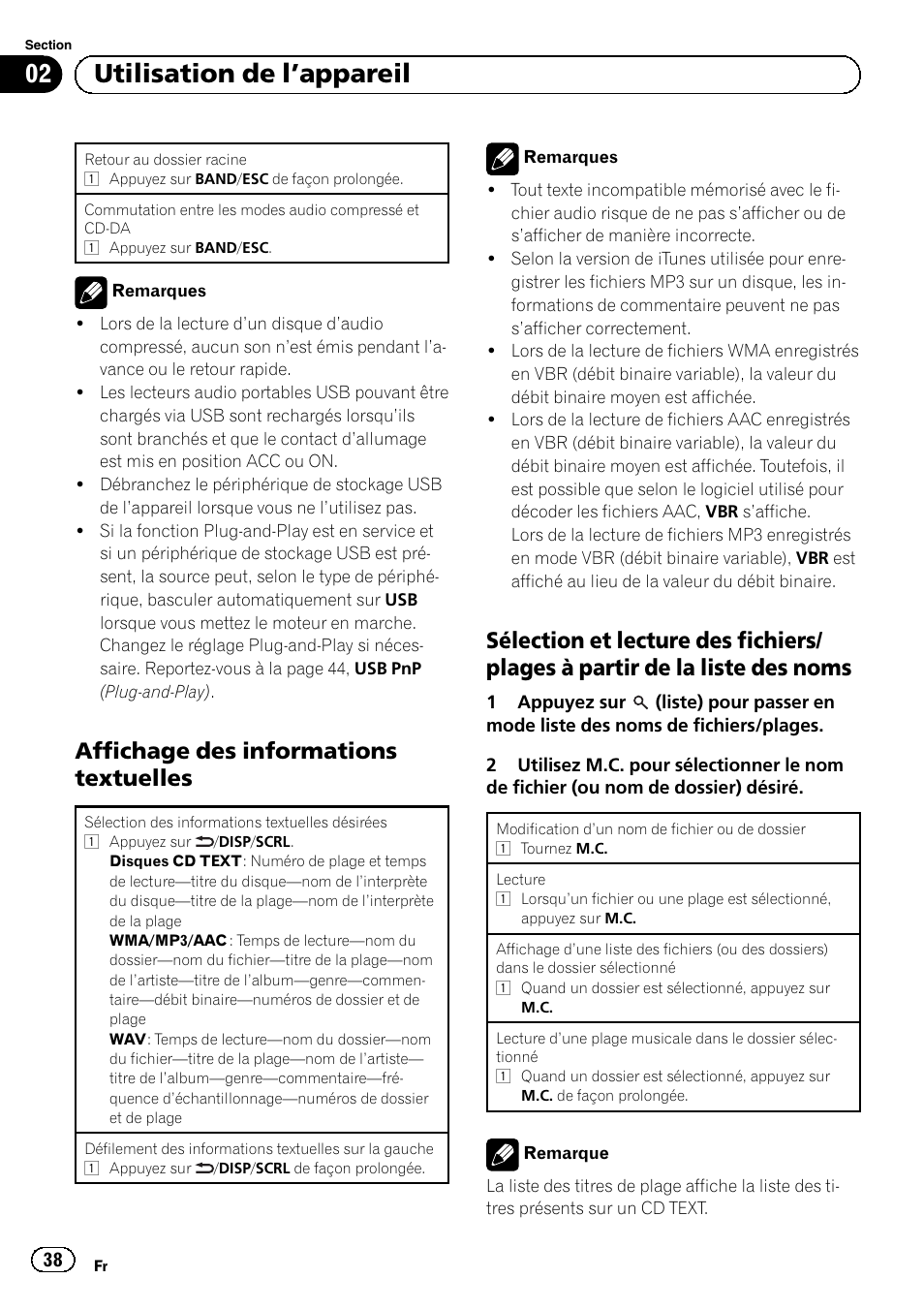 Affichage des informations, Textuelles, Sélection et lecture des fichiers/plages | À partir de la liste des noms, 02 utilisation de l ’appareil, Affichage des informations textuelles | Pioneer SUPERTUNERD DEH-P5200HD User Manual | Page 38 / 88