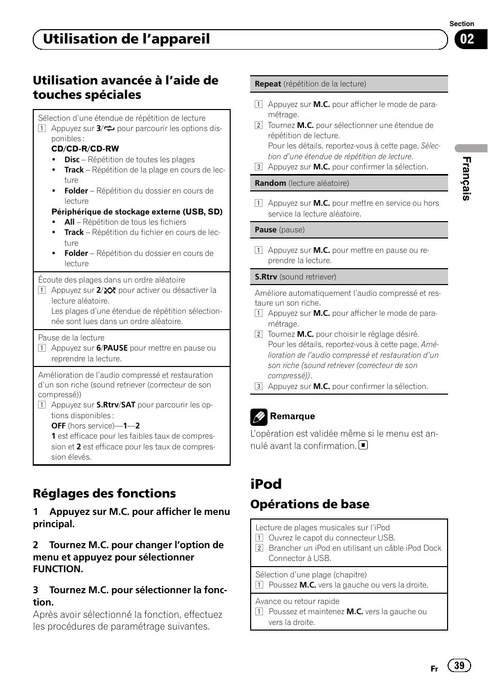 Utilisation avancée à l’aide de touches, Spéciales, Réglages des fonctions 39 | Ipod, Opérations de base 39, 02 utilisation de l ’appareil, Utilisation avancée à l ’aide de touches spéciales, Réglages des fonctions, Opérations de base, Français | Pioneer SUPERTUNERD DEH-P5200HD User Manual | Page 39 / 88