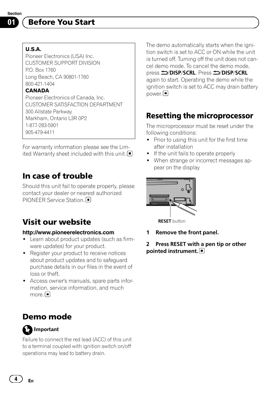 In case of trouble, Visit our website, Demo mode | Resetting the microprocessor, 01 before you start | Pioneer SUPERTUNERD DEH-P5200HD User Manual | Page 4 / 88