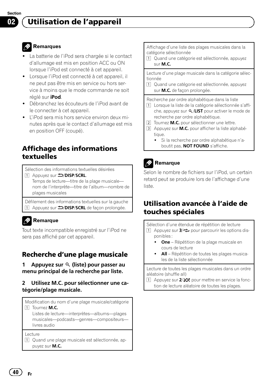 Affichage des informations, Textuelles, Recherche d’une plage musicale 40 | Utilisation avancée à l’aide de touches, Spéciales, 02 utilisation de l ’appareil, Affichage des informations textuelles, Recherche d ’une plage musicale, Utilisation avancée à l ’aide de touches spéciales | Pioneer SUPERTUNERD DEH-P5200HD User Manual | Page 40 / 88