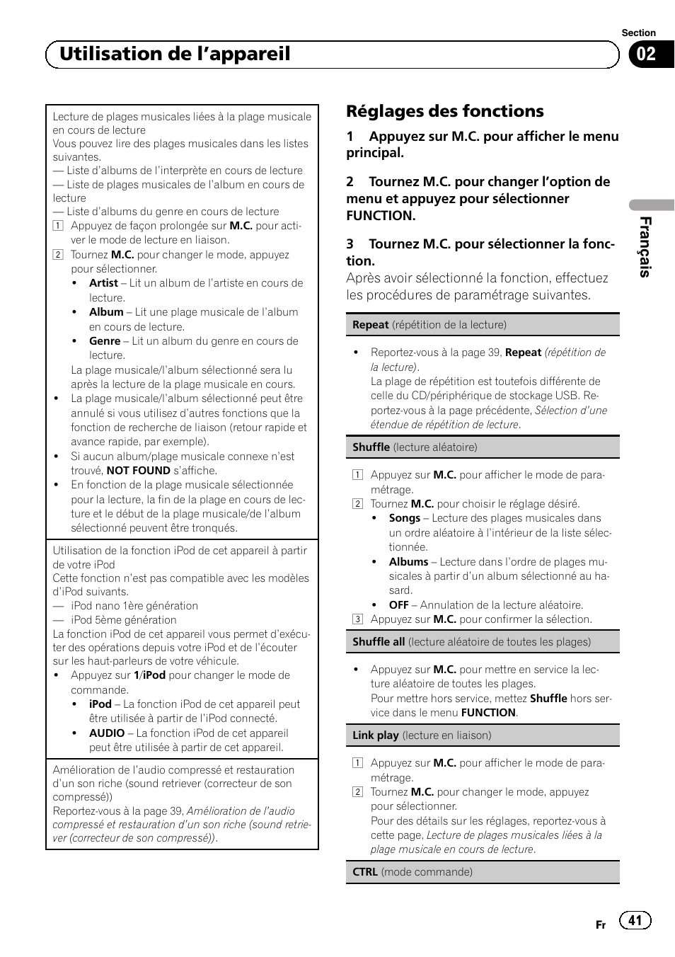 Réglages des fonctions 41, 02 utilisation de l ’appareil, Réglages des fonctions | Français | Pioneer SUPERTUNERD DEH-P5200HD User Manual | Page 41 / 88
