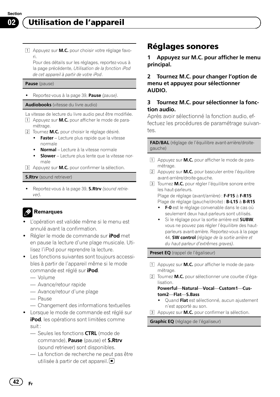 Réglages sonores, 02 utilisation de l ’appareil | Pioneer SUPERTUNERD DEH-P5200HD User Manual | Page 42 / 88