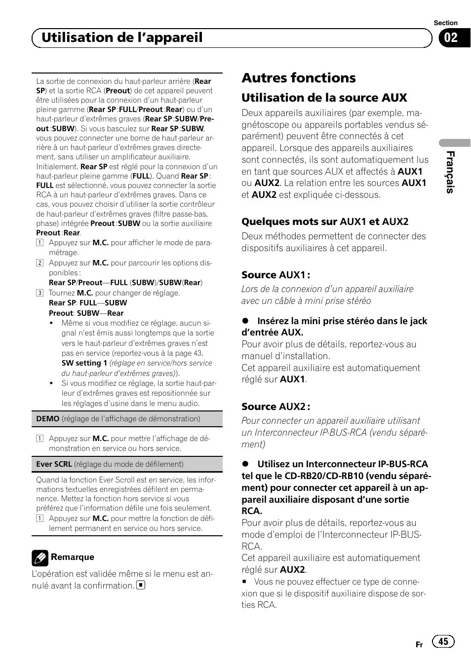 Autres fonctions, Utilisation de la source aux 45, 02 utilisation de l ’appareil | Utilisation de la source aux, Français | Pioneer SUPERTUNERD DEH-P5200HD User Manual | Page 45 / 88