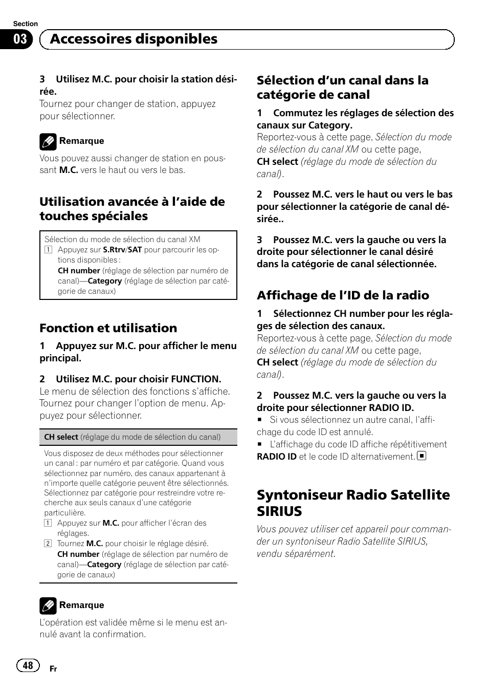 Utilisation avancée à l’aide de touches, Spéciales, Fonction et utilisation 48 | Sélection d’un canal dans la catégorie, De canal, Affichage de l’id de la radio 48, Syntoniseur radio satellite sirius, 03 accessoires disponibles, Utilisation avancée à l ’aide de touches spéciales, Fonction et utilisation | Pioneer SUPERTUNERD DEH-P5200HD User Manual | Page 48 / 88
