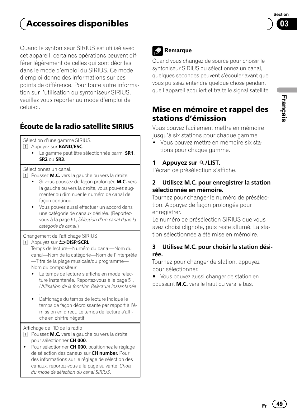 Écoute de la radio satellite sirius 49, Mise en mémoire et rappel des stations, Émission 49 | 03 accessoires disponibles, Écoute de la radio satellite sirius, Mise en mémoire et rappel des stations d ’émission, Français | Pioneer SUPERTUNERD DEH-P5200HD User Manual | Page 49 / 88