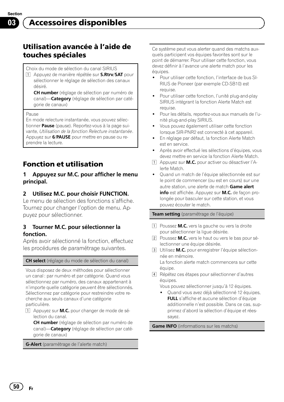 Utilisation avancée à l’aide de touches, Spéciales, Fonction et utilisation 50 | 03 accessoires disponibles, Utilisation avancée à l ’aide de touches spéciales, Fonction et utilisation | Pioneer SUPERTUNERD DEH-P5200HD User Manual | Page 50 / 88