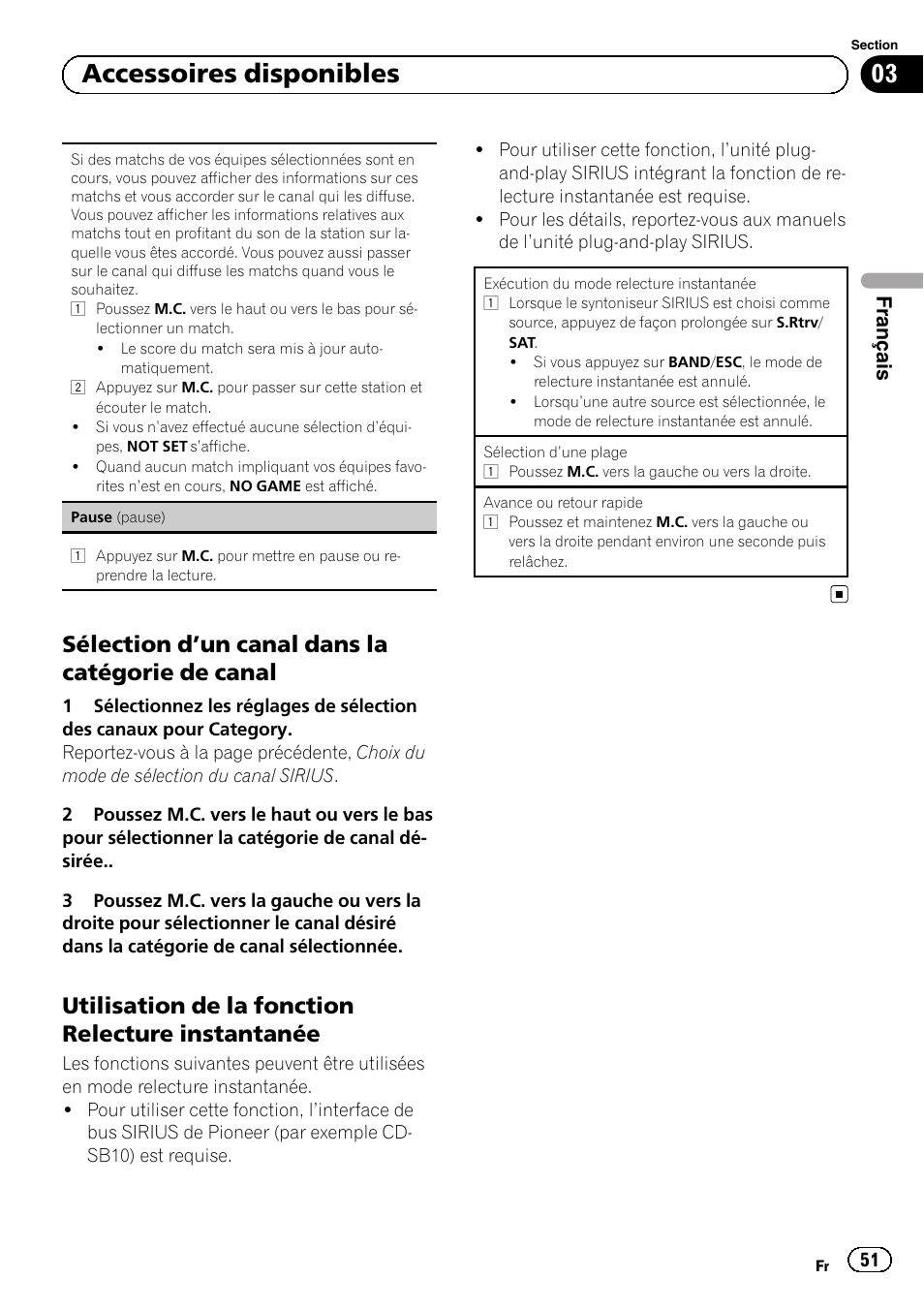 Sélection d’un canal dans la catégorie, De canal, Utilisation de la fonction relecture | Instantanée, Un canal dans la, Catégorie de canal, 03 accessoires disponibles, Sélection d ’un canal dans la catégorie de canal, Utilisation de la fonction relecture instantanée, Français | Pioneer SUPERTUNERD DEH-P5200HD User Manual | Page 51 / 88