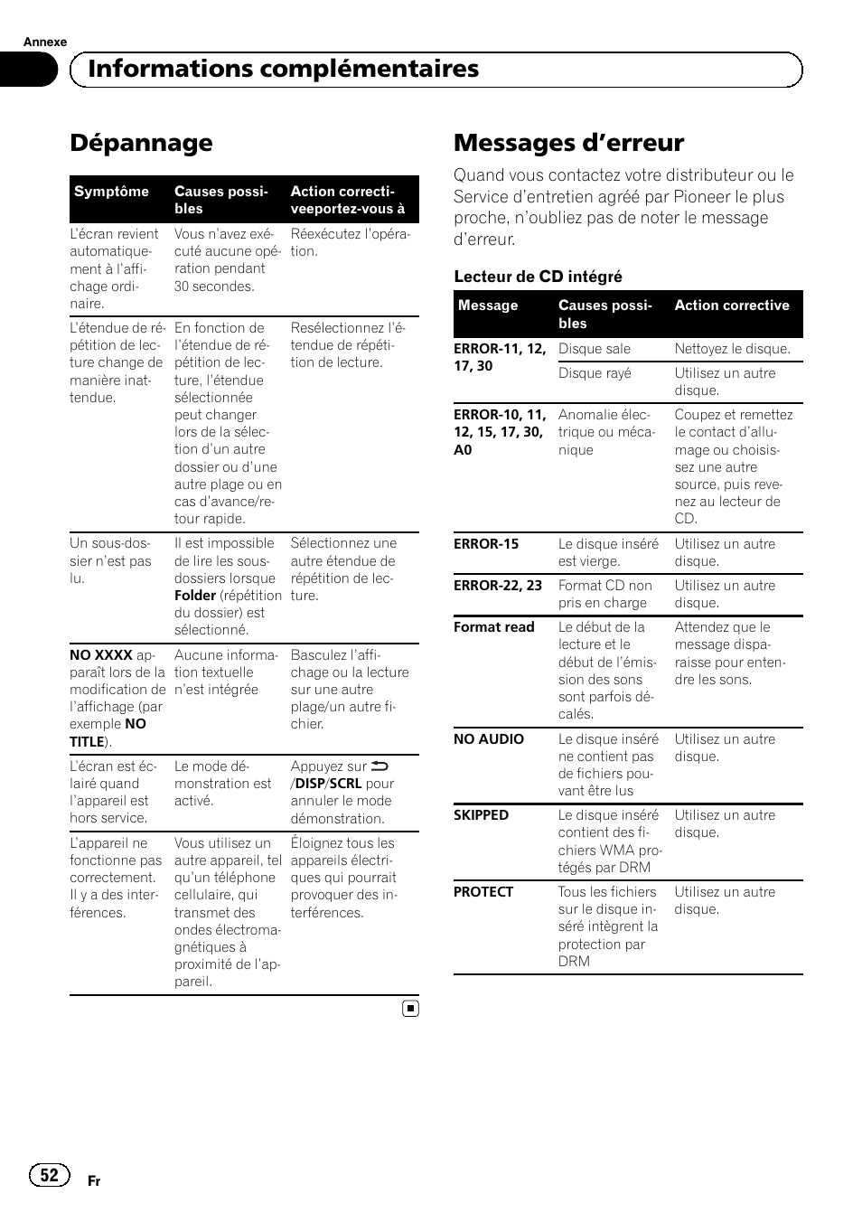 Informations complémentaires dépannage, Messages d, Erreur 52 | Dépannage, Messages d ’erreur, Informations complémentaires | Pioneer SUPERTUNERD DEH-P5200HD User Manual | Page 52 / 88