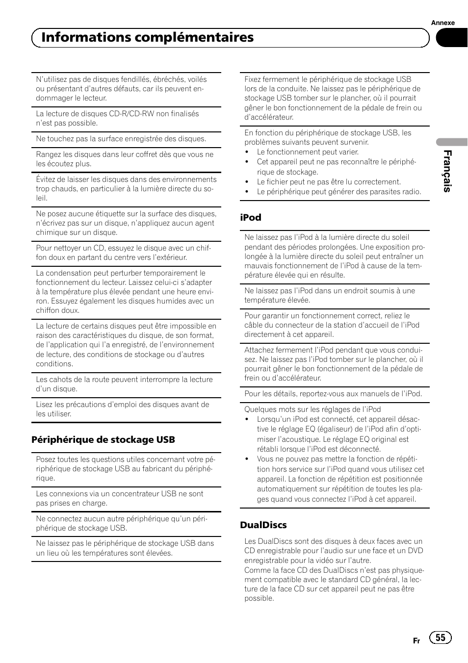 Informations complémentaires, Français, Périphérique de stockage usb | Ipod, Dualdiscs | Pioneer SUPERTUNERD DEH-P5200HD User Manual | Page 55 / 88