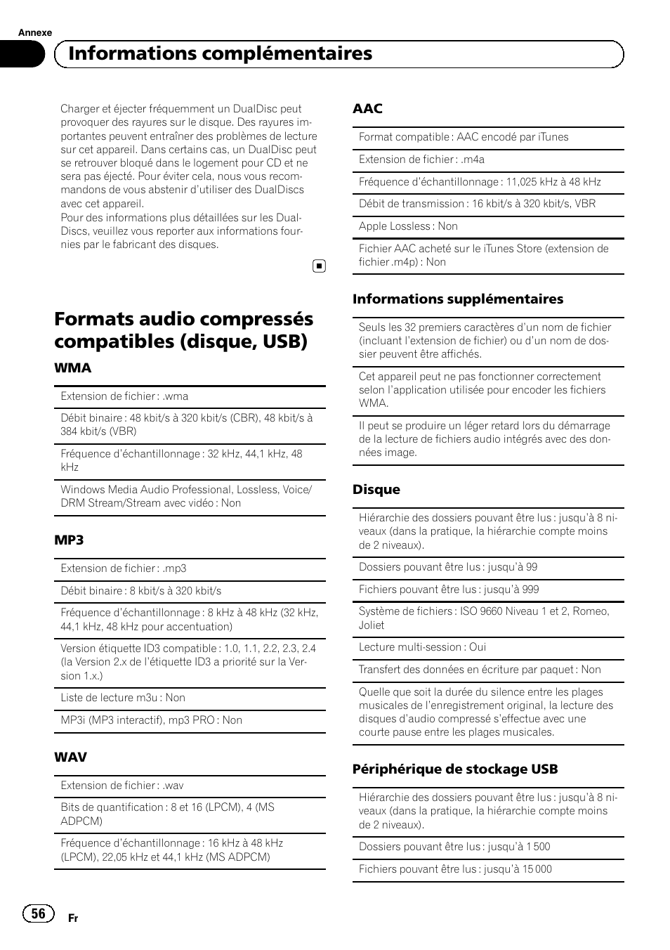 Formats audio compressés compatibles, Disque, usb), Formats audio compressés compatibles (disque, usb) | Informations complémentaires | Pioneer SUPERTUNERD DEH-P5200HD User Manual | Page 56 / 88