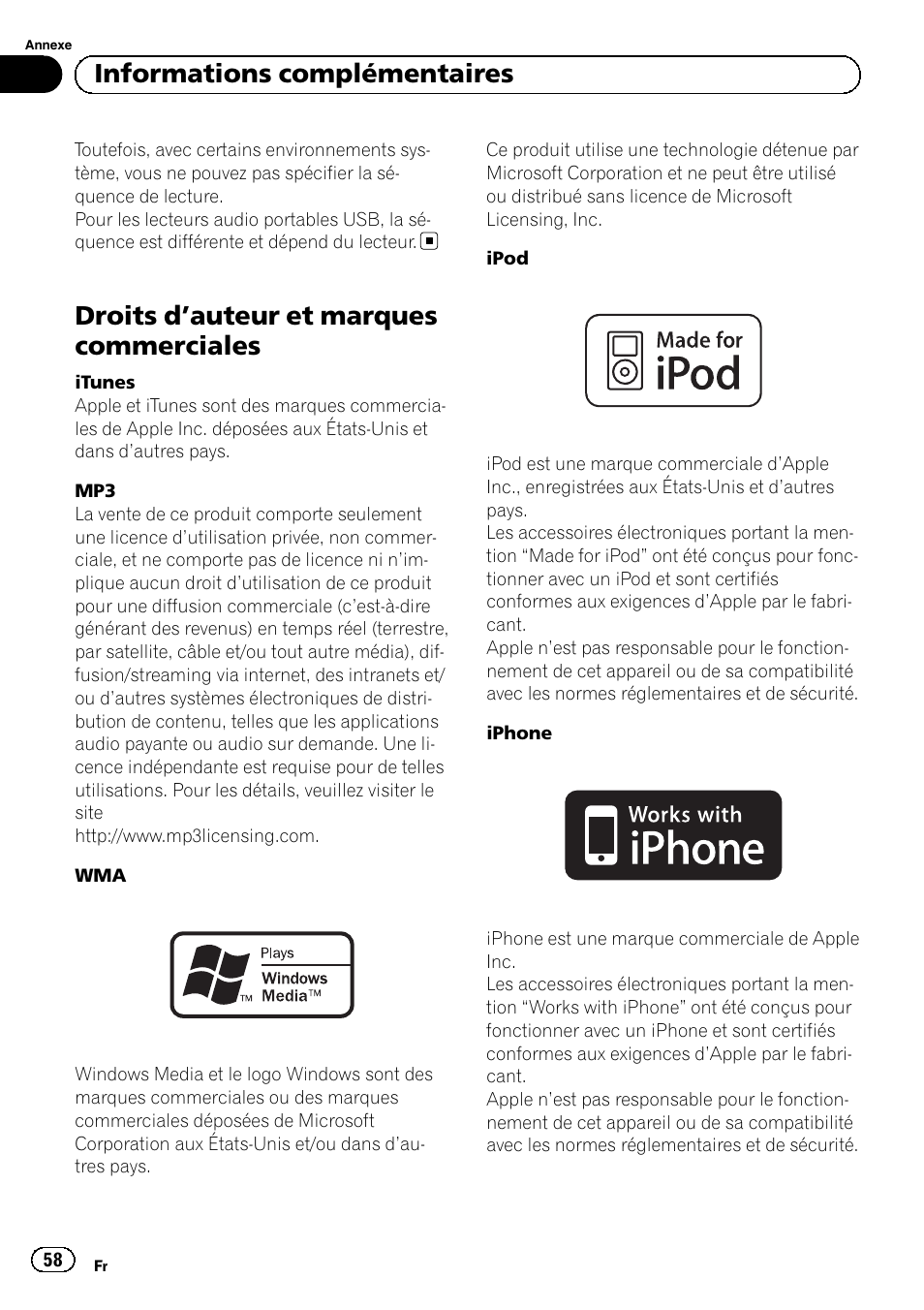 Droits d, Auteur et marques, Commerciales | Droits d ’auteur et marques commerciales, Informations complémentaires | Pioneer SUPERTUNERD DEH-P5200HD User Manual | Page 58 / 88