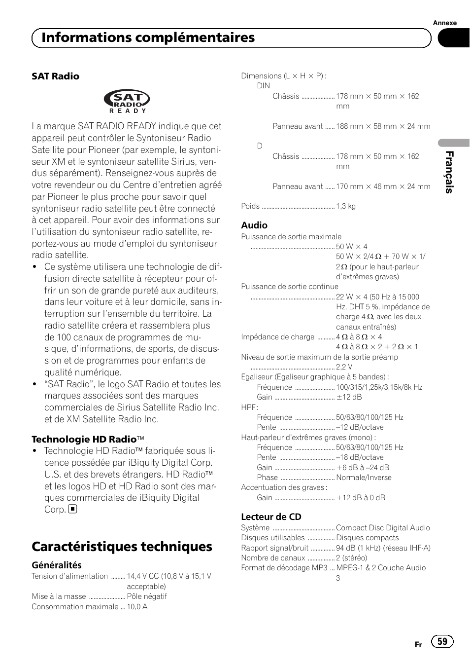 Caractéristiques techniques, Informations complémentaires, Français | Pioneer SUPERTUNERD DEH-P5200HD User Manual | Page 59 / 88