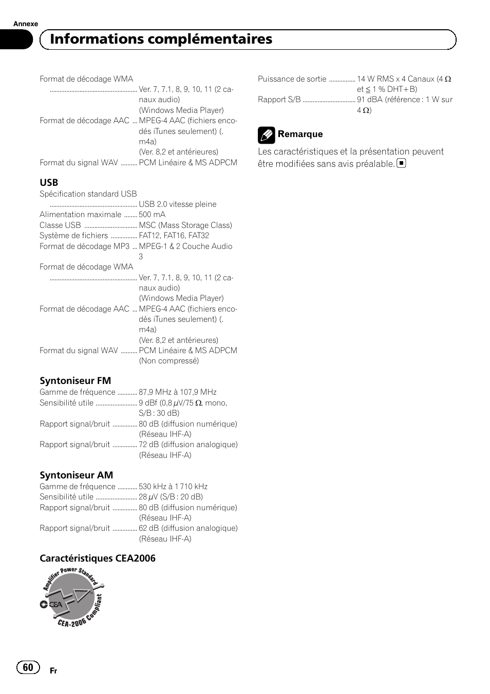 Informations complémentaires | Pioneer SUPERTUNERD DEH-P5200HD User Manual | Page 60 / 88