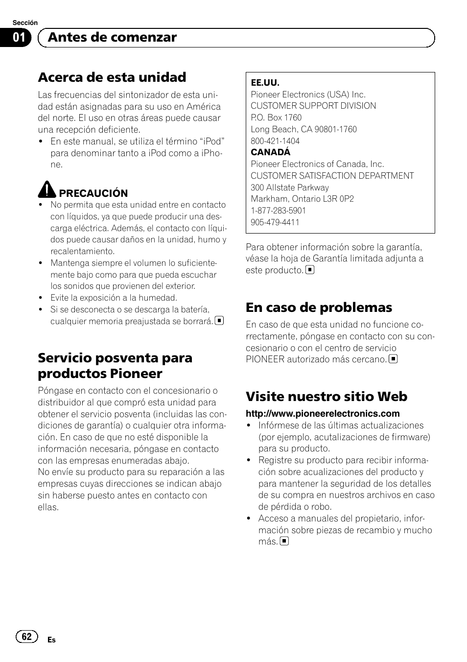 Antes de comenzar, Acerca de esta unidad, Servicio posventa para productos | Pioneer, En caso de problemas, Visite nuestro sitio web, Servicio posventa para productos pioneer, 01 antes de comenzar | Pioneer SUPERTUNERD DEH-P5200HD User Manual | Page 62 / 88